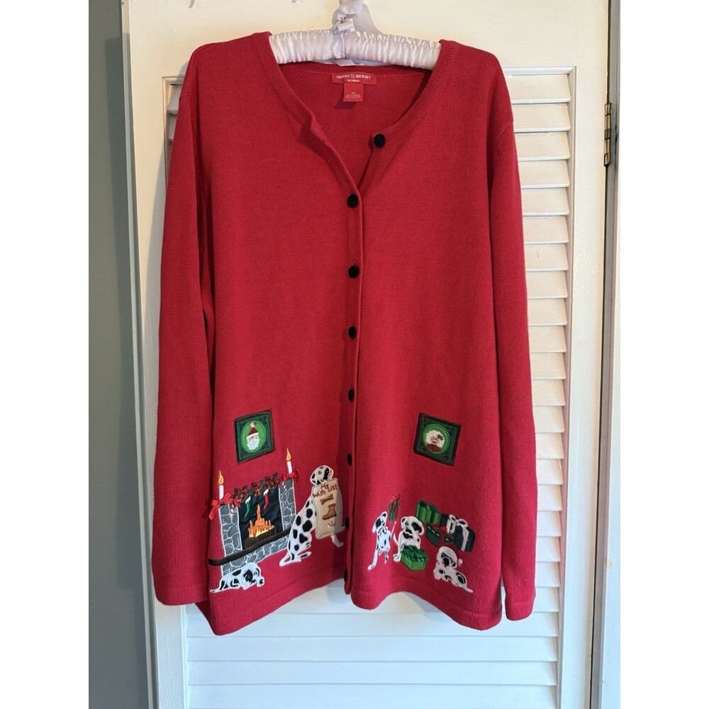 Christmas Cardigan Sweater Women’s 2XL Embroidered Embellished Dogs Grandma